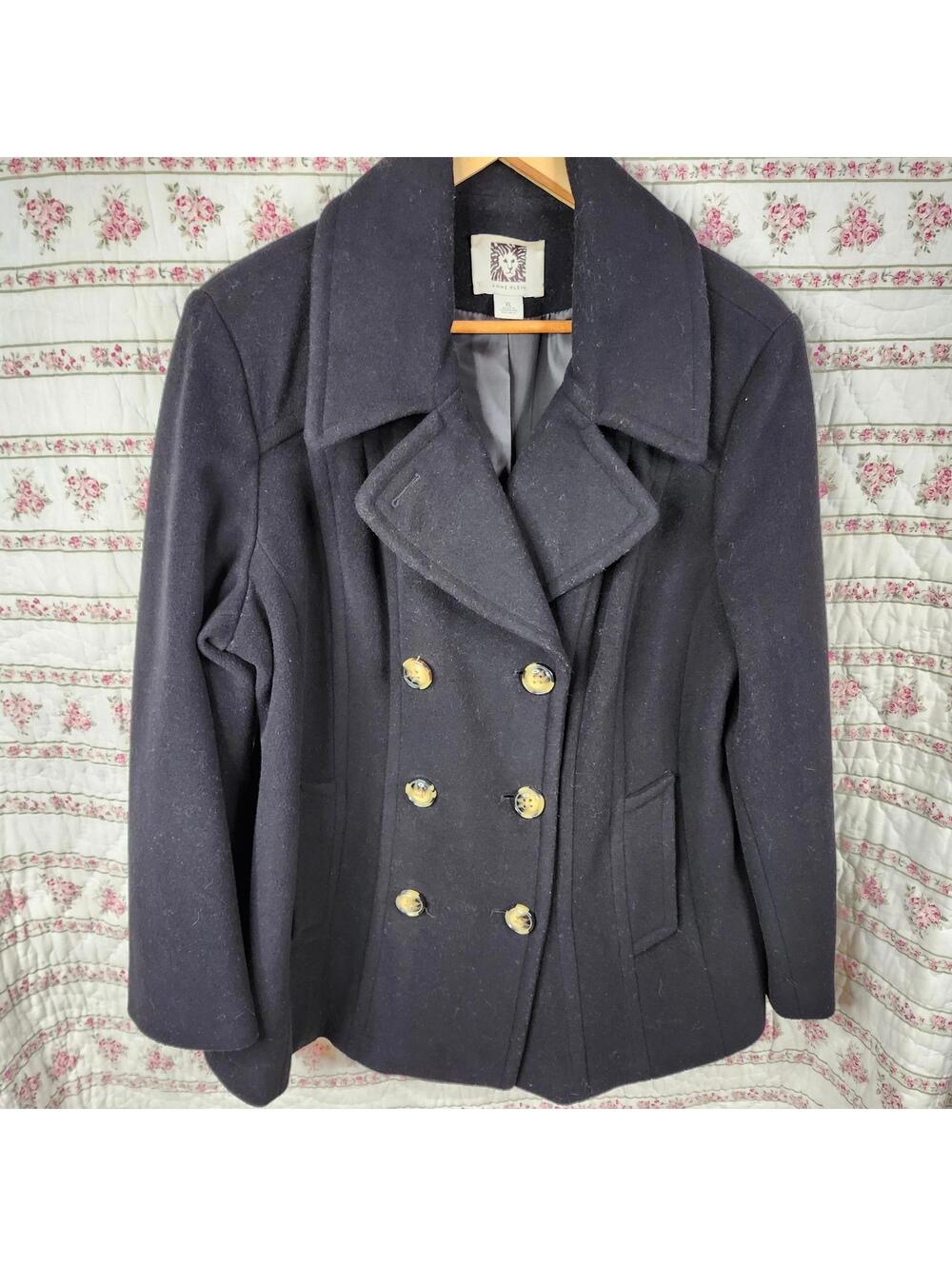Anne Klein Women's Black Double-Breasted Wool Peacoat XL